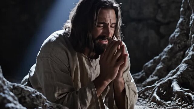 Man in ancient robes crying and praying with light shining on him. Religious worship and distress.