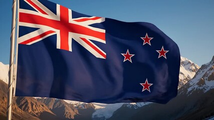 The majestic national flag of New Zealand proudly waves against a breathtaking backdrop of snowcapped mountains and a clear blue sky symbolizing national identity freedom and the stunning natural bea.