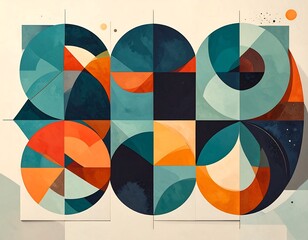 Fototapeta premium Geometric abstract design with layered circles, triangles, and squares in warm and cool colors