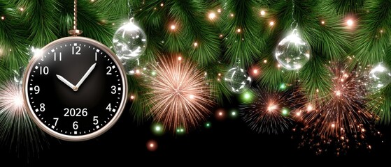 Festive new years celebration scene with fireworks, clock striking midnight, and 2026 displayed prominently among decorations