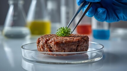 Lab-Grown Burger: A close-up shot captures the innovative process of lab-grown meat being meticulously examined within a sterile scientific laboratory environment.