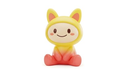 Obraz premium Adorable pastel cartoon animal character sitting with paws together, wearing a yellow bunny costume with long ears, a gentle smile, and a soft toy-like 3D design on a white background.