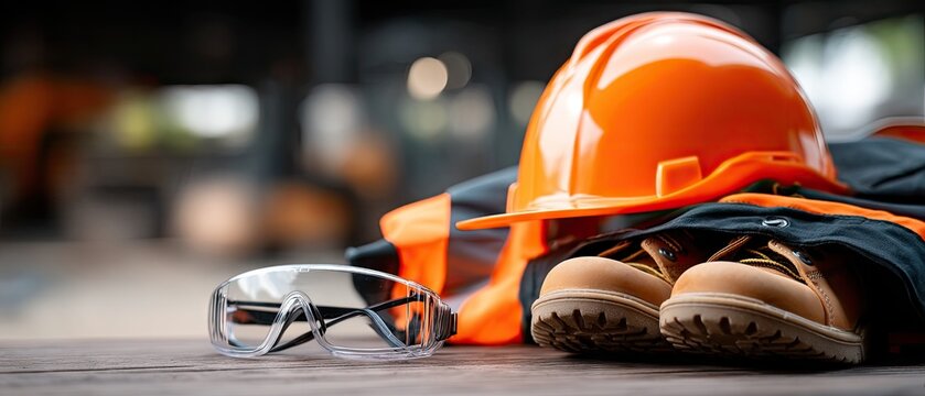 Safety equipment setup with hard hat, goggles, workwear jacket, and boots in industrial warehouse setting