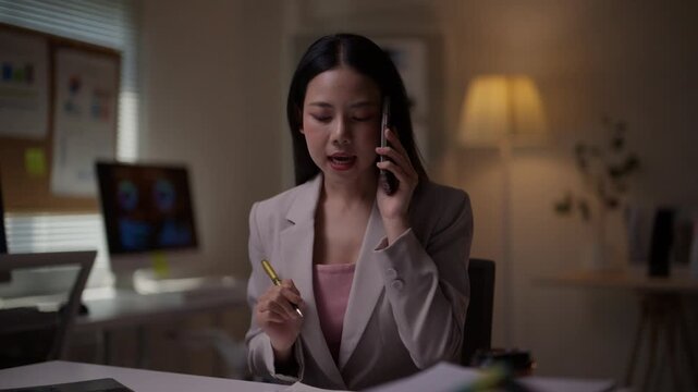 Frustrated young professional woman having a stressful conversation on her smartphone. Anxious female employee working overtime in a dark office