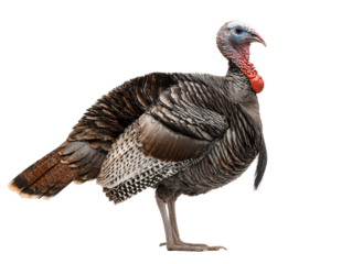 Wild turkey in profile against white background