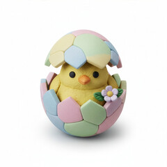 Cute yellow Easter chick hatching from a colorful mosaic egg, isolated on white background - 3D illustration