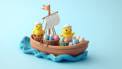 Cute Easter chicks in sailor hats sailing on a wooden boat with baskets of eggs, isolated on pastel blue background - 3D illustration
