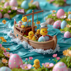 Cute Easter chickens sailing on a wooden boat down a stylized river with colorful eggs and spring flowers - 3D illustration