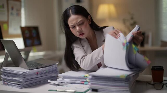 Frustrated Asian businesswoman feeling overwhelmed while searching for documents in a large pile of paperwork, working overtime in the office