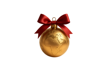 Golden Christmas Globe with Red Bow Isolated on Transparent Background