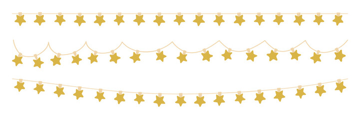 Christmas star garland fairy light with gold bulbs. Xmas festive decoration string with hanging retro led lamp. Glowing string with lightbulb for holiday banner, card, poster. Vector illustration.