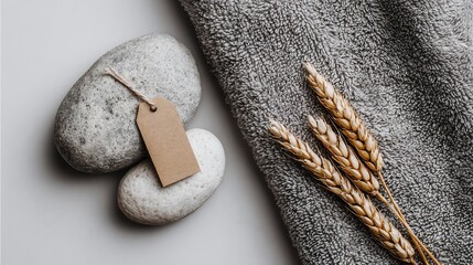 Two stones, tag, wheat stalks and towel. Neutral tone, calming still life