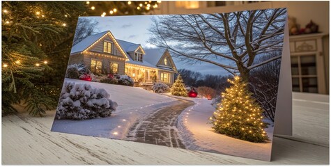Christmas greeting card in snowy yard near cozy house with festive lights winter evening.