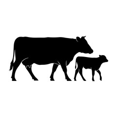 Silhouette of a Cow and Calf Standing Together on a White Background © imran