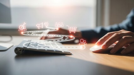 Customer journey map and digital marketing strategy concept with person using computer mouse and keyboard