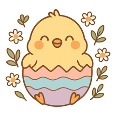 Cute Easter chick hatching from painted egg shell, spring illustration