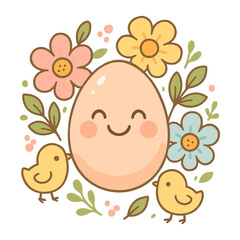 Smiling Easter egg with two cute chicks and spring flowers