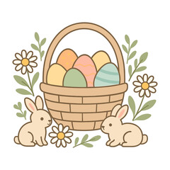 Easter basket with colorful eggs and two cute bunnies, spring illustration