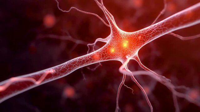 Close view of a glowing red neuron cell with branching fibers against a dark crimson background