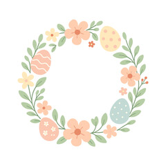 Floral Easter Wreath Frame with Decorated Eggs and Copy Space