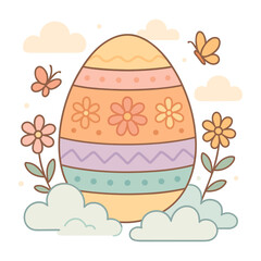 Pastel Easter Egg with Flowers, Butterflies and Clouds