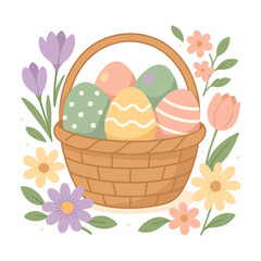 Basket with colorful eggs and flowers