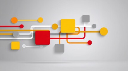 Abstract geometric design with colorful squares and circles connected by lines on a minimalist gray background