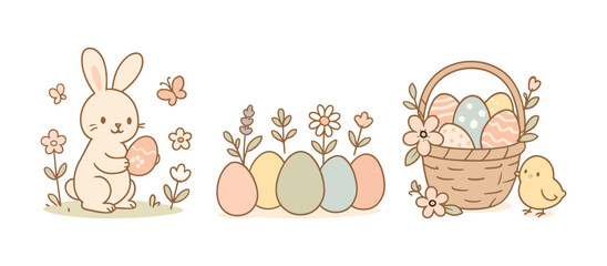 Cute Easter Doodle Set with Bunny, Eggs and Basket, Pastel Vector Banner