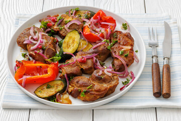 Grilled pork neck chunks with roasted veggies