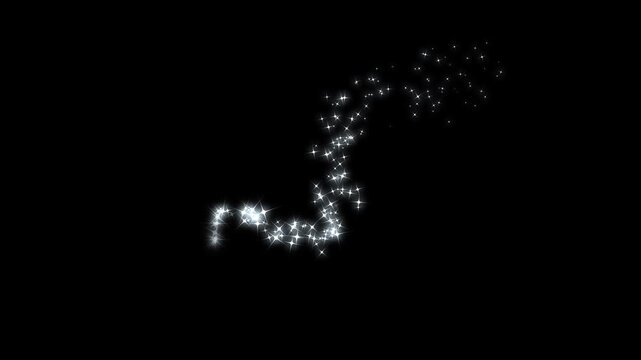 Stars while magic sparkles glitter line trails shimmer with white twinkling particles, glowing doodle stars, creating a sparkling pixie dust path across vibrant black screen background. 4k animation