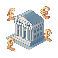 Central Bank Building Surrounded by Global Currency Symbols