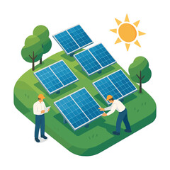 Isometric Solar Panel Farm with Workers and Renewable Energy