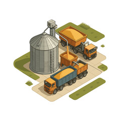 Isometric Grain Silo with Trucks Loading Harvest