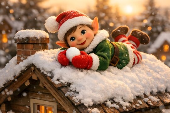 Elf toy lying on a miniature snow covered roof in winter