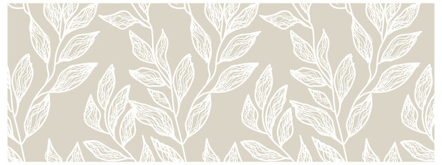Fototapeta premium Vector Illustration Background Featuring Elegant Beige and White Leaf Outline Pattern with Seamless Design Suggesting Natural Sophistication and Minimalistic Aesthetics Suitable for Various Projects.