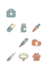 Medical icons first aid kit pills syringe thermometer and pet care symbols