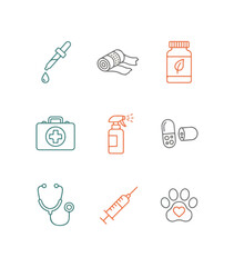 Medical icons dropper bandage pills first aid kit sprayer stethoscope syringe paw with heart