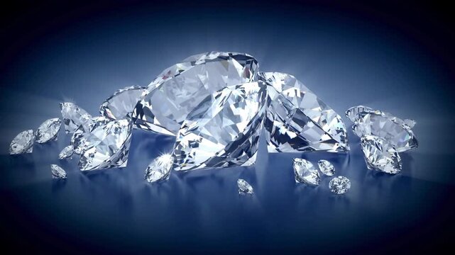A cluster of brilliant-cut diamonds lies on a deep blue surface, catching refracted, icy light glow