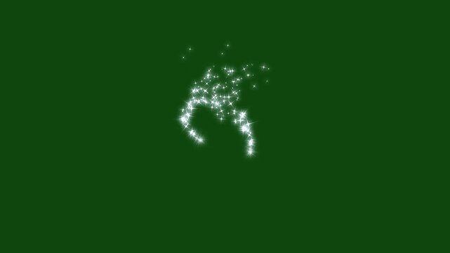 Stars while magic sparkles glitter line trails shimmer with white twinkling particles, glowing doodle stars, creating a sparkling pixie dust path across vibrant green screen background. 4k animation