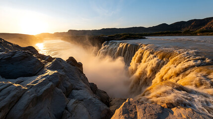 Fototapeta premium Breathtaking waterfall plunges dramatically over a rocky cliff, cascading into a misty abyss. Golden light filters through, creating a serene and awe-inspiring natural spectacle.