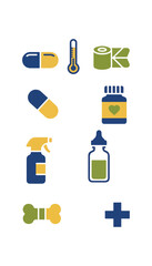 Medical icons pills thermometer medical chart bottles and cross symbol