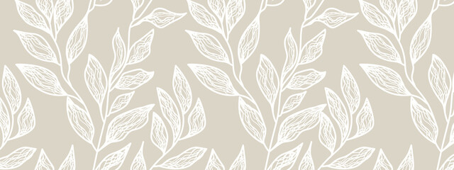 Vector Illustration Background Featuring Elegant Beige and White Leaf Outline Pattern with Seamless Design Suggesting Natural Sophistication and Minimalistic Aesthetics Suitable for Various Projects.