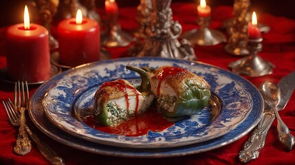 Two stuffed peppers on plate with sauce, lit by candles on red tablecloth