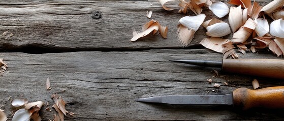 Old wooden plane with wood shavings on a table, along with carving tools for carpentry in rustic style setting