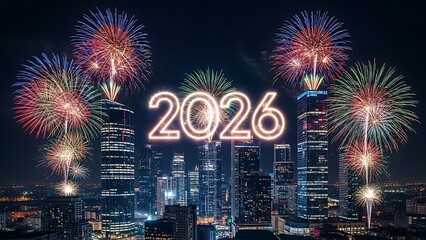Obraz premium Happy new year 2026 fireworks display over city skyline at night