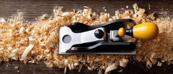 Carpenter's plane on old wooden table with wood shavings and ample space for text, ideal for banners and promotional materials for woodworking