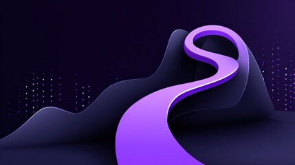 Abstract winding road through stylized mountains against a dark background with dotted patterns