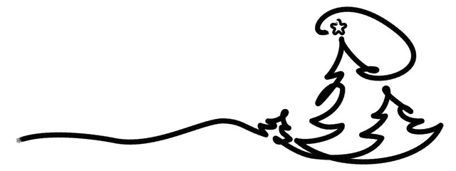 Merry Christmas decoration. Wavy line with Christmas trees. Year of the horse, Chinese New Year 2026 banner with blue horse and clouds, gold manner and stars, black and white