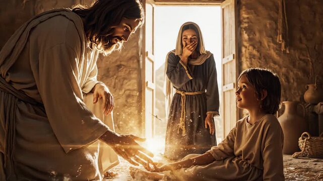 Jesus healing a child with his hand, woman watching with shock as light emanates, concept of biblical miracle and divine intervention
