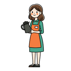 Fototapeta premium Smiling young woman wearing an orange apron holds a coffee pot, embodying excellent customer service and hospitality in a charming illustration.